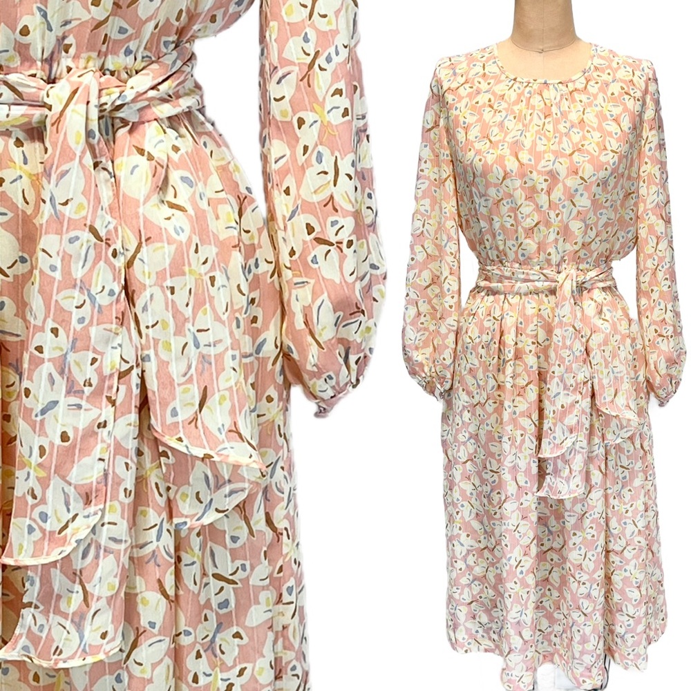 VINTAGE butterfly sheer midi dress long sleeve lightweight elastic belted waist